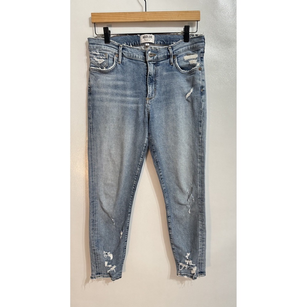 Agolde Women Jeans 28 Blue Sophie Mid Rise Skinny Crop Frayed Hem